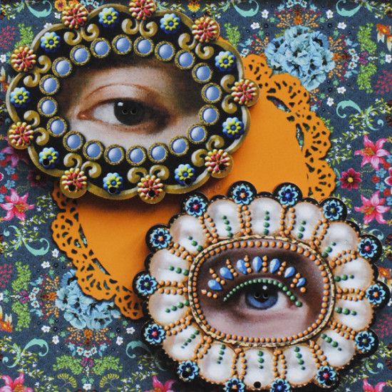 Boutons bois "Œil perlé bleu"