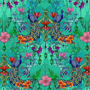 Velours Jardin des Paons Vert - rouleau 5m
