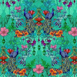 Velours Jardin des Paons Vert - rouleau 5m