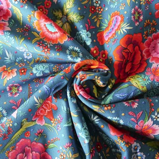 Organic Cotton Jersey Parakeets and Peonies Petrol blue